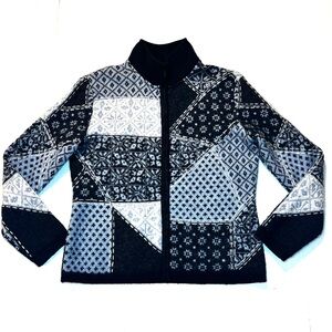 Talbots‎ 100% Merino Wool Whipstitch Fair Isle Patchwork Cardigan Jacket Petite